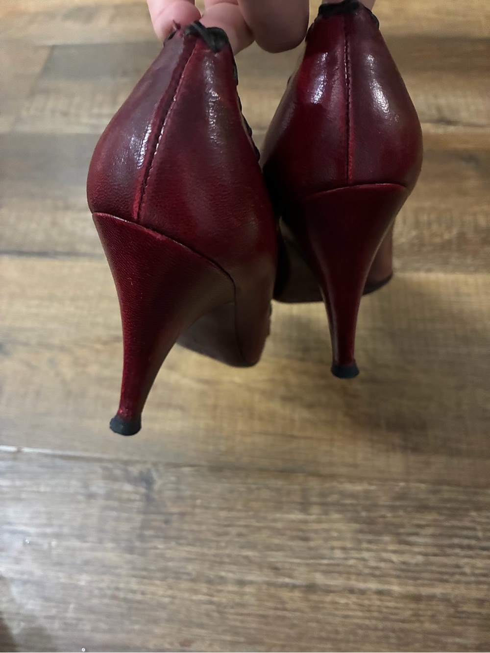 Prada Burgundy Leather Pointed-Toe Heels with Black & Orange Floral Appliqués - Picture 5 of 8